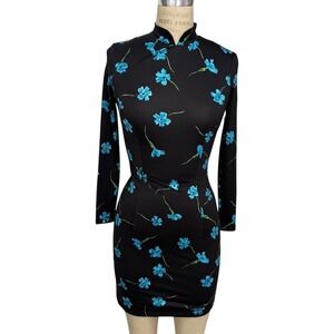 NEW Marcia Black Blue Floral Open Back Mini Dress Size 34 XS Made in France